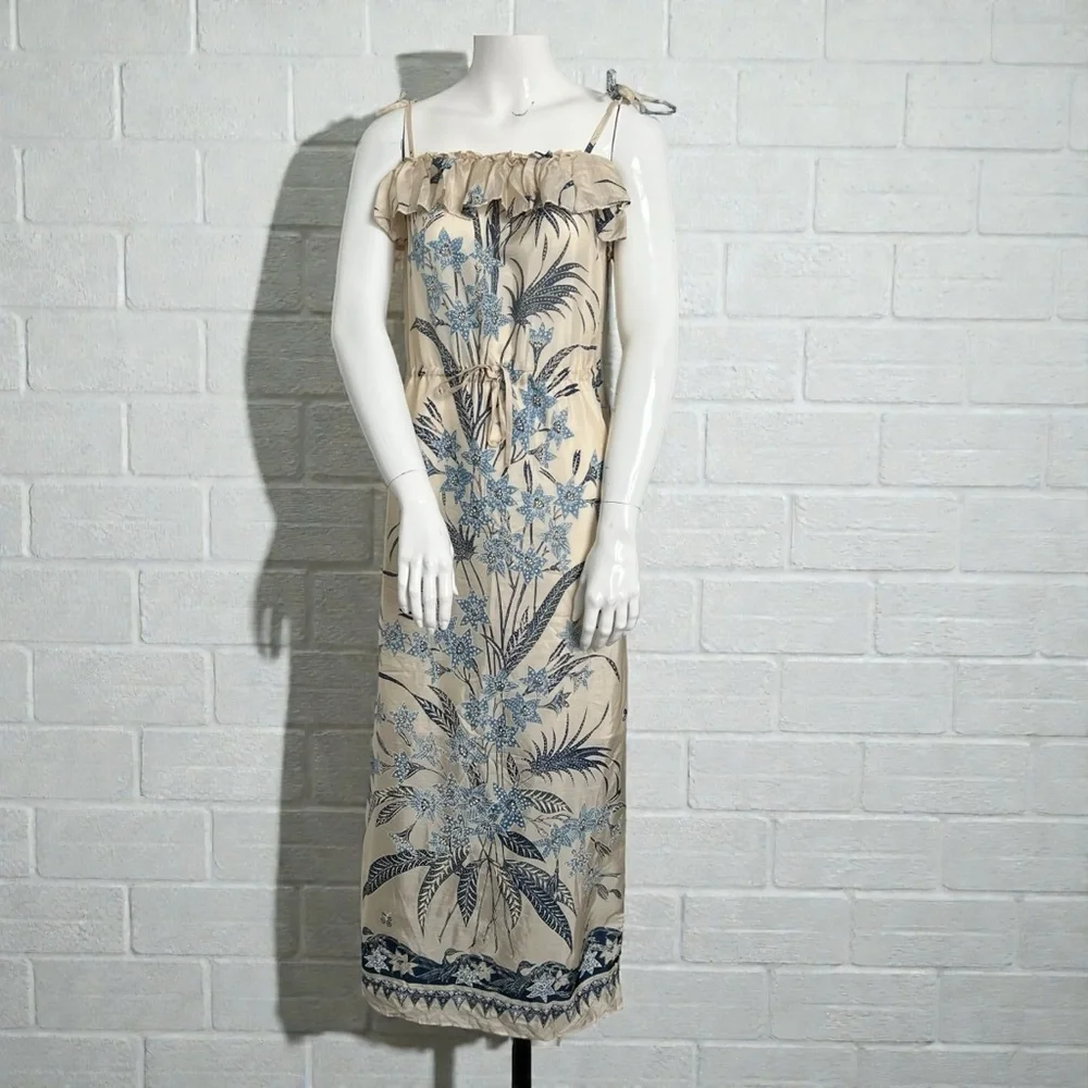 Zara 100% Silk Blue Floral Midi Sundress | Boho Summer Dress | XS - Picture 2 of 12